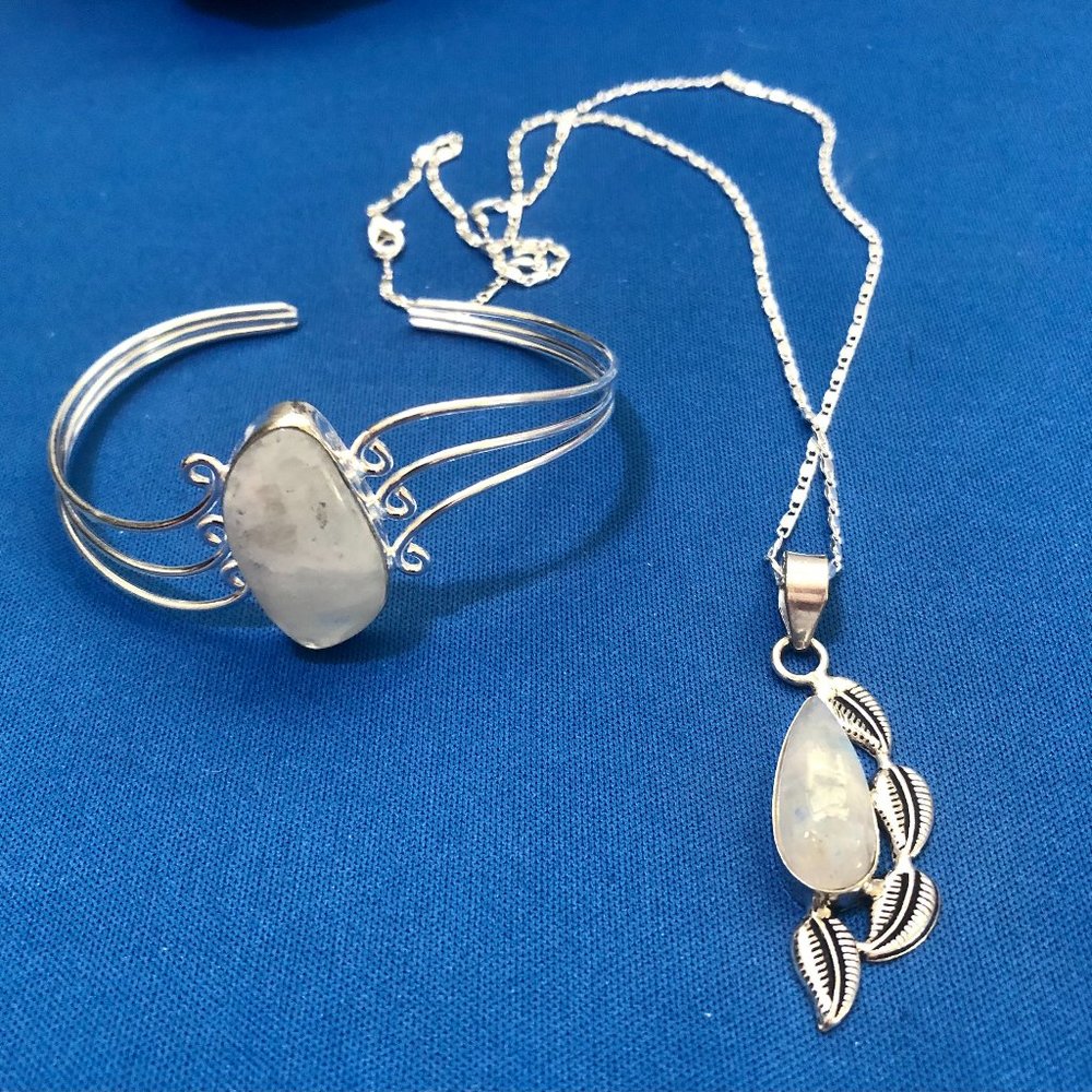 Handmade Rainbow Moonstone Gemstone 925 Stamped Sterling Bracelet & Necklace